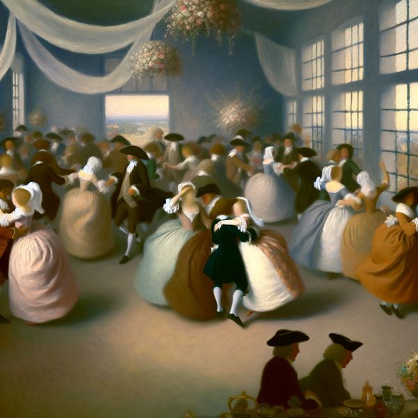 Historische dans op een bruiloft in 17de-eeuws stijl Een groep gasten danst samen op een bruiloft, gekleed in 17de-eeuwse historische kleding.