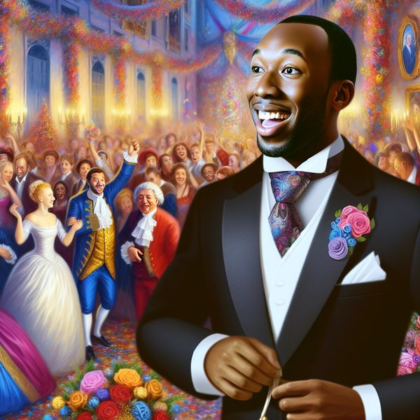 Formele jurk bij de bruiloft met een stijlvolle das Een man in formele kleding met een elegante das op een bruidsfeest.
