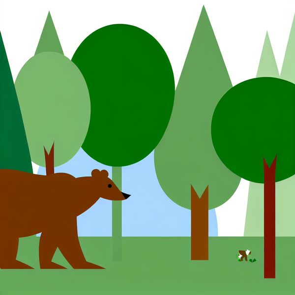 Minimalistische illustratie van een grote bruine beer die door een weelderig groen bos wandelt