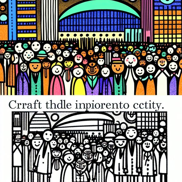 Bruisende Stad Tijdens Conferentie in Dick Bruna-stijl Kindvriendelijke illustratie van een bruisende stad met mensen die zich verzamelen voor een conferentie