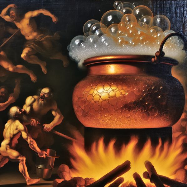 Bubbelen betekenis: koken en overkoken in dramatische barokstijl Barokke keukenscène met een grote koperen pot die dreigt over te koken op een vuur, stoom en grote bellen vormen zich aan het oppervlak
