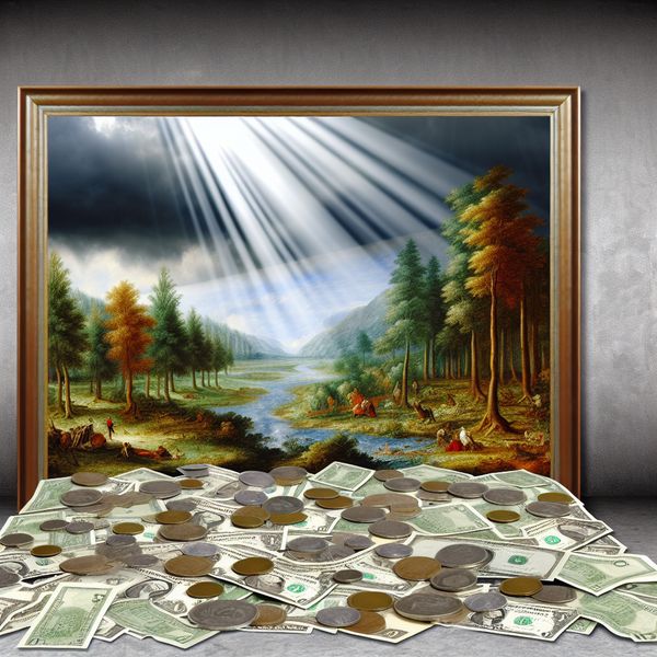 Budgetbeperkingen in Creatief Landschap Dramatisch landschap met kleurrijke schilderijlijst van geld, symboliseert budgettaire beperkingen