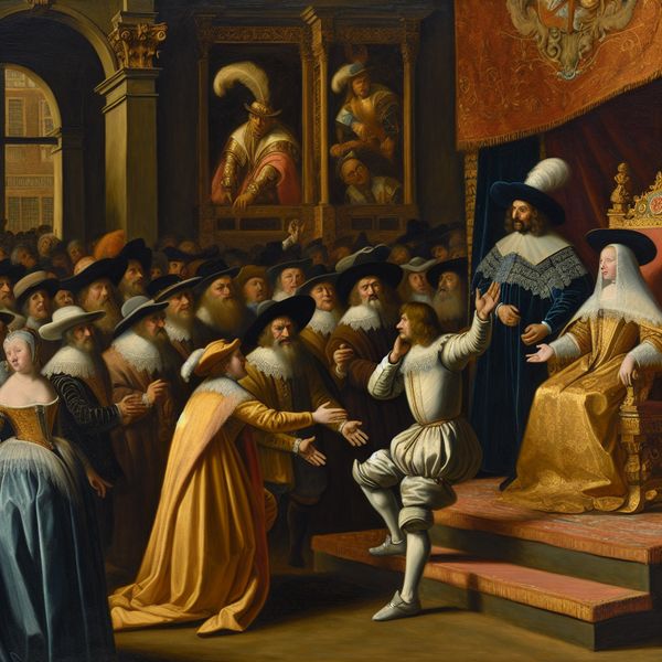 Respectvolle buiging voor koninklijke figuur Een persoon buigt respectvol voor een koninklijke figuur in een levendige ceremoniële ruimte.