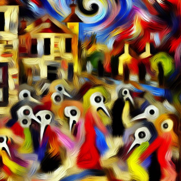 Builenpest in middeleeuwse stad - expressieve voorstelling van historische ziekte Abstracte voorstelling van een middeleeuwse stad geteisterd door de builenpest, met uitgemergelde figuren en ratten in chaotische, expressieve penseelstreken