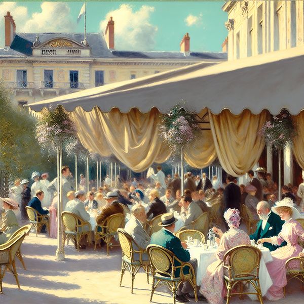Buiten terras van een elegant café Een elegant terras van een buiten café met gasten die koffie genieten en in gesprek zijn.