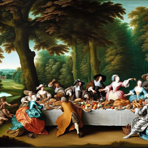 Barokke voorstelling van een levendige buitenlunch in een weelderig park met 17e-eeuwse figuren, rijk gedekte tafel en gezellige sfeer