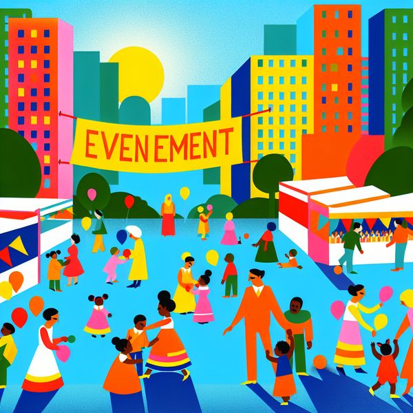 Buitenevenement in de stad op een zonnige dag Illustratie van een buitenstadse evenement met een kleurrijke menigte en vrolijke activiteiten.