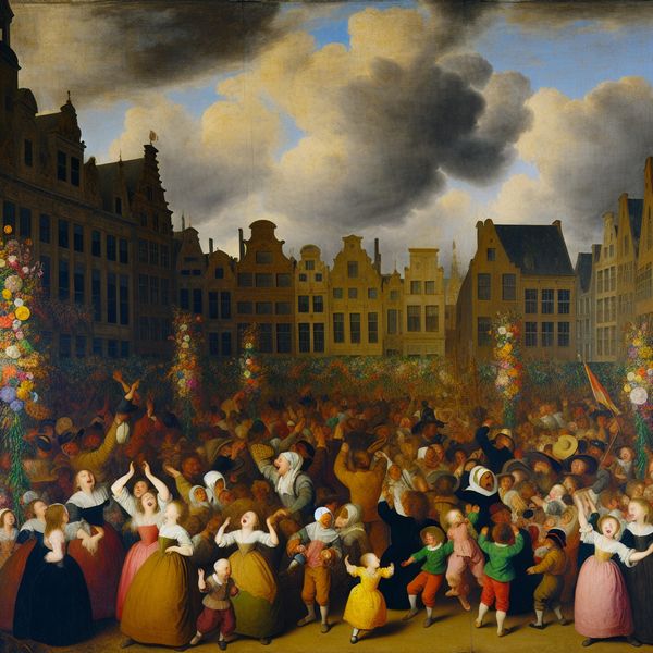 Feestelijke buitenviering met blije mensen Buitenevenement op een levendig plein met blije mensen van alle leeftijden die zingen, dansen en genieten van kleurrijke versieringen.