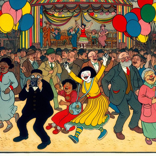 Cartoonachtige afbeelding van een diverse groep blije mensen op een levendig buitenfestival met ballonnen.