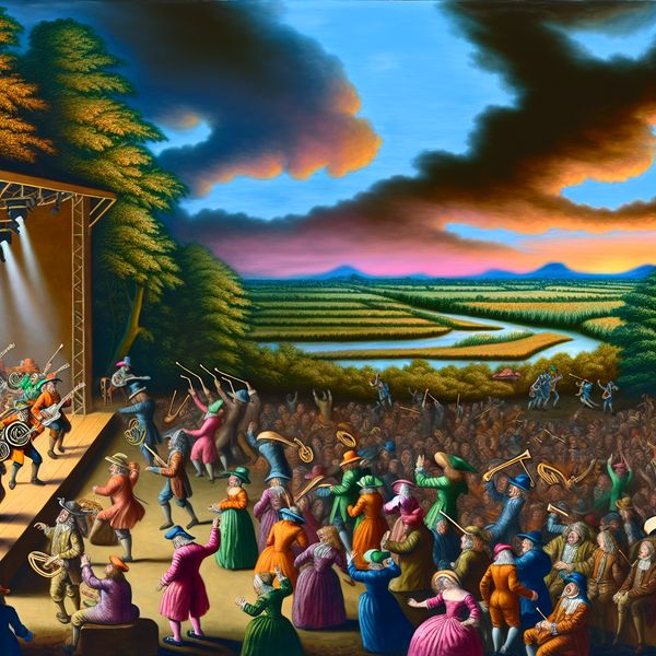 Buitengewoon Buitenconcert met Energieke Menigte Een levendig concert buiten met een energieke menigte die geniet van een muzikale optreden onder een kleurrijke zonsondergang.