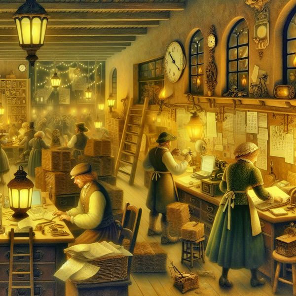 Buitengewoon werken: nostalgische nachtelijke werkplek in Anton Pieck-stijl Nostalgisch nachtelijk kantoor of atelier met ijverige medewerkers in oude stijl, verlicht door lantaarns en bureaulampen, met stapels papier en klokken die late uren aangeven