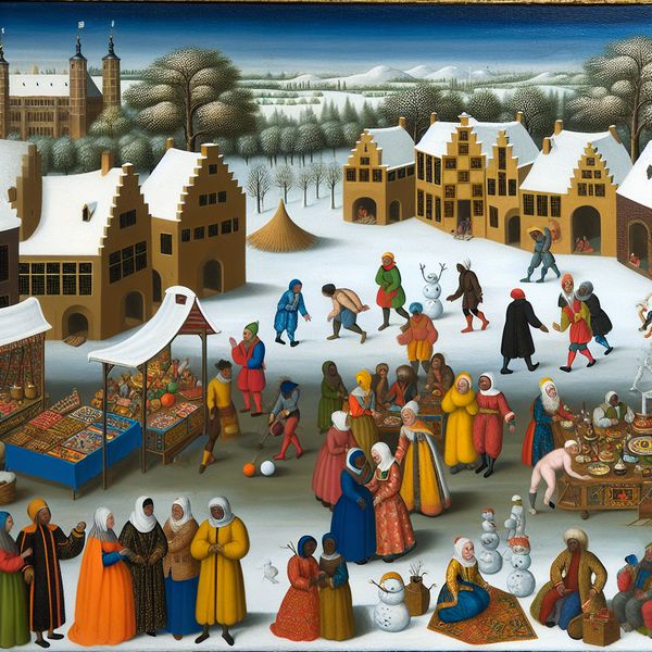 Een levendige winterse scène van een drukke buitensoorse markt met kleurrijke kraampjes, mensen in traditionele kleding en sneeuwbedekte daken.