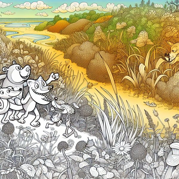 Kleurrijke cartoonfamilie van dieren wandelt door een levendig Nederlands natuurlandschap met duinen en kustlijn, buitenleven avontuur