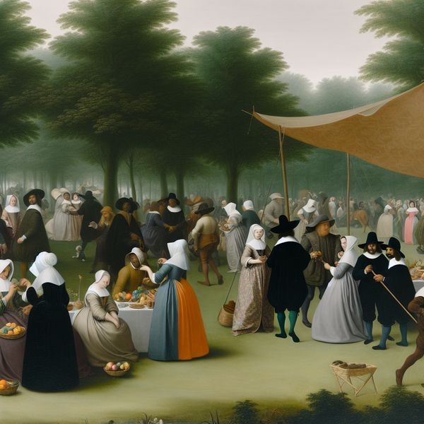 Buitenscène van een elegant festival in een park met historische kleding, mensen onder tenten en voedselkramen.