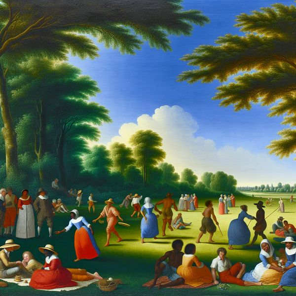 Buitenshuis Genieten van het Weer Groep mensen geniet van een zonnige dag buiten met activiteiten zoals picknicken en frisbee spelen in een groene omgeving.