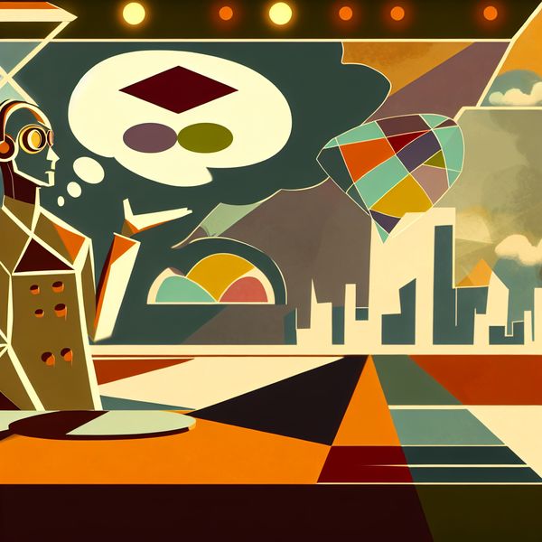 Buitensporige Mededeling in Retro-futuristische Illustratie Illustratie van een persoon die botte nieuws verkondigt in een retro-futuristische setting met geometrische vormen.