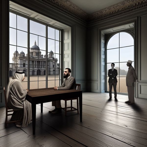 Hyperrealistische scène met drie mensen in een monumentale ruimte
