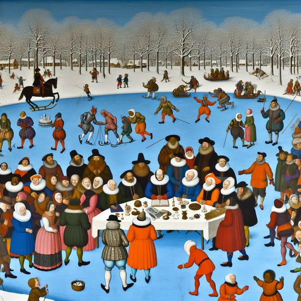 Buitentafel op bevroren meer met winterse activiteiten Groep mensen rond een buitentafeltje op bevroren meer in winterlandschap, Hendrick Avercamp geïnspireerd.