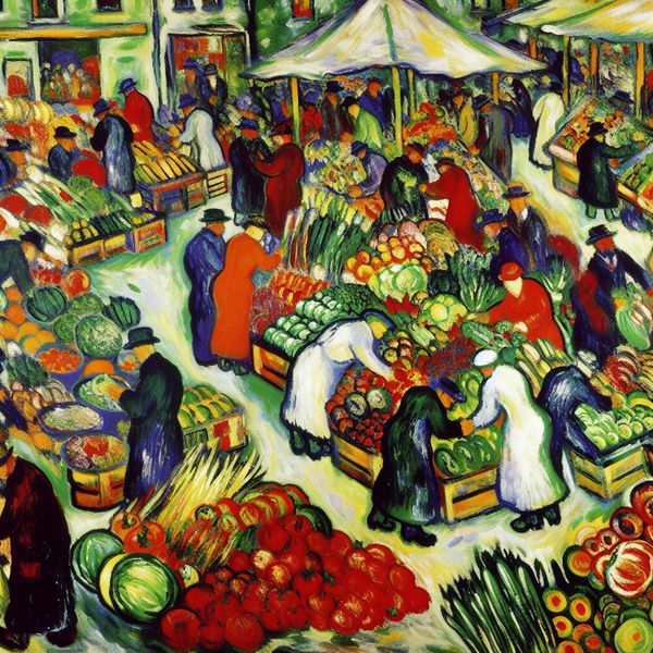 Abstracte voorstelling van een drukke buitentuinmarkt met een overvloed aan verse groenten en fruit.