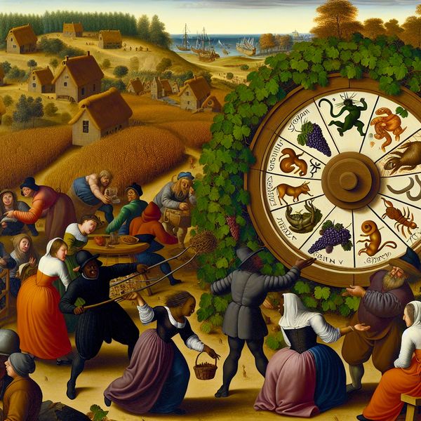 Buitenzicht met Zodiacwiel en Stier in Astrologie Een drukke bijeenkomst in een landelijke setting met een grote zodiakwiel en het Stier-symbool.