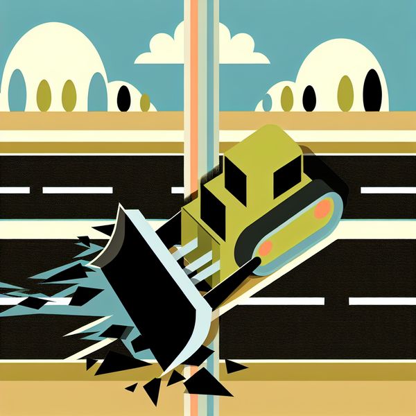 Bulldozer openbreken weg - Kinderlijk ontwerp Een minimalistische afbeelding van een bulldozer die een weg openbreekt, met een simpel landschap op de achtergrond.