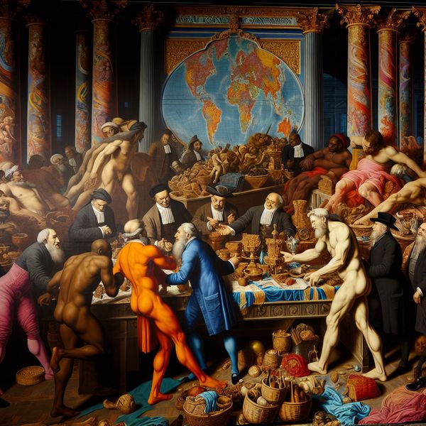 Bureau Economische Samenwerking in Barokstijl Barokke scène met diverse zakenleiders die discussiëren rond een grote tafel met handelswaar