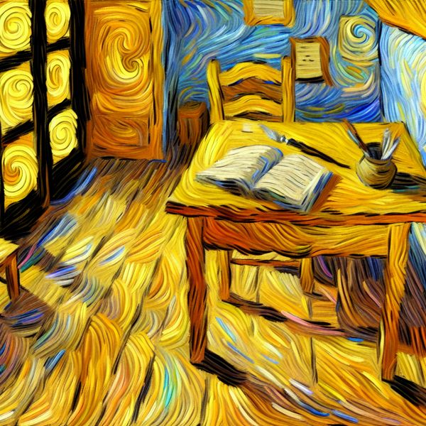 Bureau studeerkamer Van Gogh schilderij meubelstuk schrijftafel Dromerige studeerkamer met houten bureau in Van Gogh-stijl, met open notitieboek, ganzenveer en papieren in warme gouden lichtval