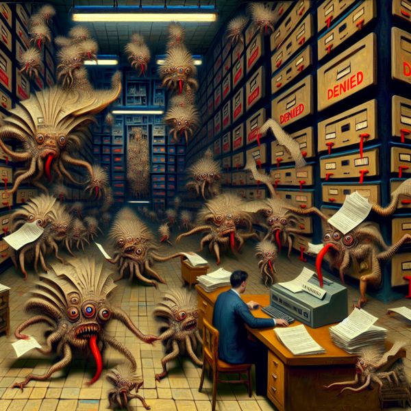 Surrealistische nachtmerrie van een bureaucratisch kantoor met hybride wezens en eindeloze papierwinkel, geïnspireerd op Hieronymus Bosch