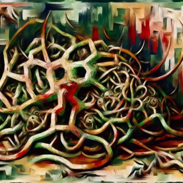 Bureaucratische ziekte: abstracte weergave van systeemproblemen en organisatorische corruptie Surrealistisch abstract expressionistisch kunstwerk dat een chaotisch bureaucratisch systeem voorstelt als een ziekelijke, virale entiteit met verwrongen vormen en felle kleuren