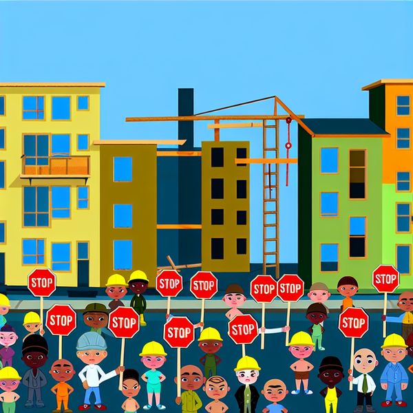 Buren voorkomen bouwproject met stopborden - taal leren Nederlands Eenvoudige cartoonburen met stopborden die bouwwerk blokkeren in minimalistische stijl van Dick Bruna