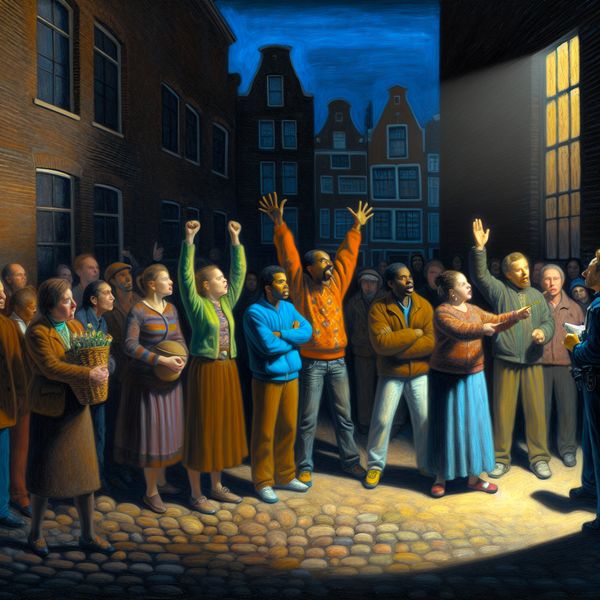 Burgers eisen verbetering van infrastructuur in stadsomgeving Een groep vastberaden burgers die in een slecht verlichte straat staat, terwijl ze een serieuze politieagent toespreken en hun eis voor betere wegen kenbaar maken.