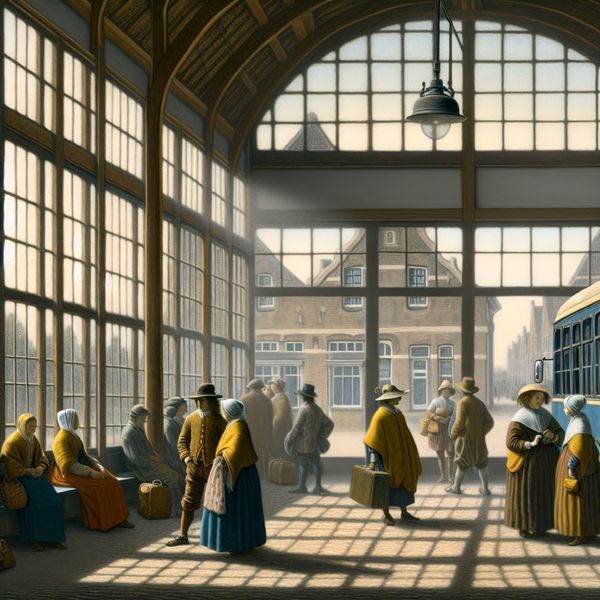 Rustige bushalte in een klein Nederlands stadje, geschilderd in de stijl van Johannes Vermeer met reizigers die wachten op vertrek