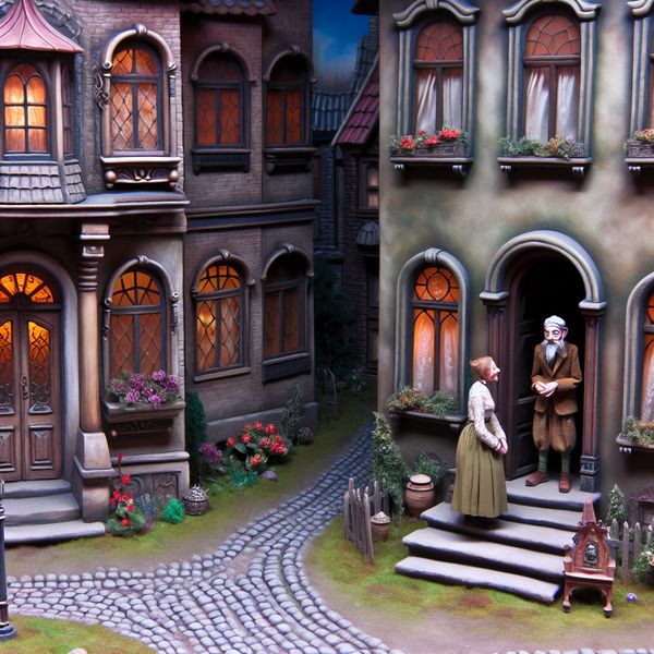 Vriendelijke buur die een hand uitsteekt naar een andere buur in een nostalgische, sfeervolle straat met gezellige huizen en bloemen