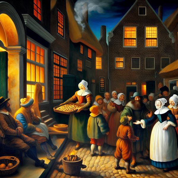 Gezellige buurtbezoek-scène in 17e-eeuwse Nederlandse straat met buren die bij elkaar op bezoek zijn en genieten van elkaars gezelschap
