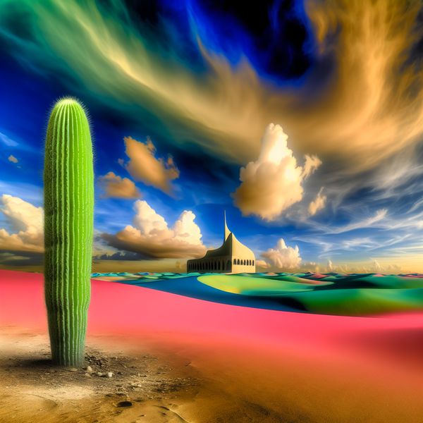 Cactus in Surrealistisch Woestijnlandschap Hyper-realistisch beeld van een eenzame cactus in een surrealistisch woestijnlandschap met kleurrijke lucht.