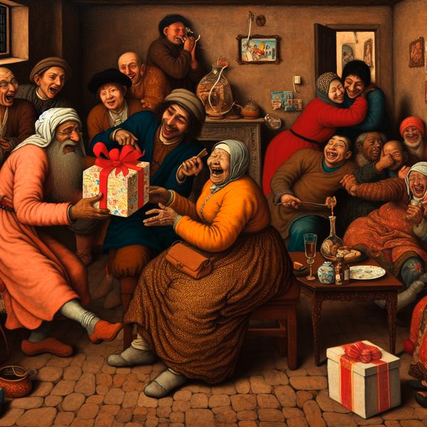 Cadeau geven betekenis: warme scène met geschenken uitwisselen in Nederlandse stijl Gezellige Nederlandse familietaferel met vrolijke mensen die cadeaus uitwisselen in een warme huiskamer, geïnspireerd op de stijl van Jan Steen