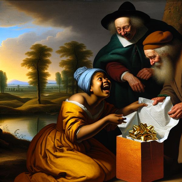 Betekenis van cadeau: geschenk ontvangen in Nederlandse landschapsschilderkunst Jong persoon ontvangt een cadeau van een ouder echtpaar in een schilderachtig 17e-eeuws Nederlands landschap met dramatische lucht