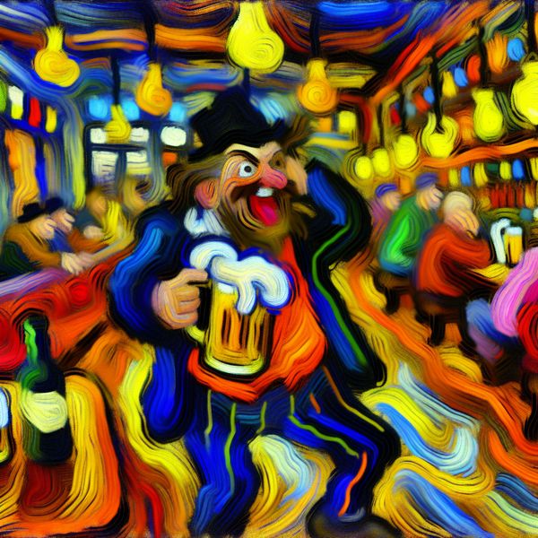 Abstract expressionistisch schilderij van een vrolijke, dronken man in een levendig Nederlands café, de zogenaamde 'Café Alcohol Tester' met een grote bierpul in de hand