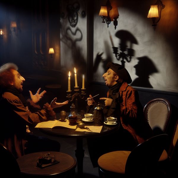 Een sfeervol café met twee figuren die druk praten bij kaarslicht.
