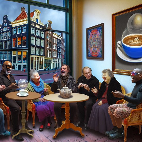 Café interieur met vrienden en levendige gesprekken Een jongeman zit aan een ronde tafel in een café met vrienden, lachend en in gesprek, met een kleurrijk straatbeeld op de achtergrond.