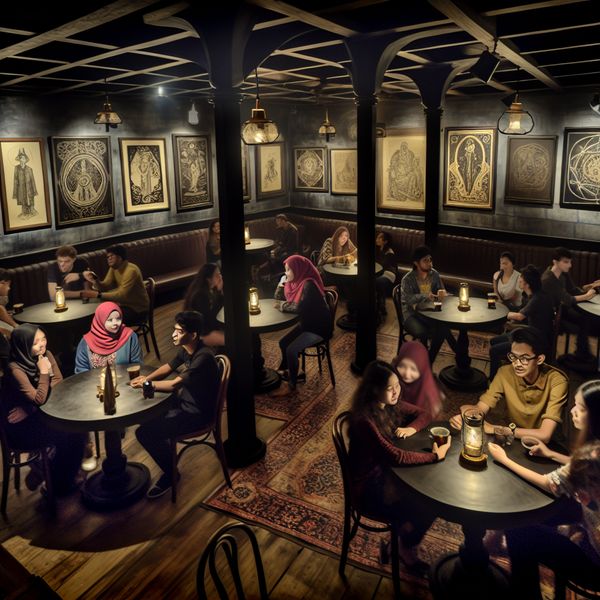Levende café ontmoeting met studenten en jongeren Café scène met studenten en jonge mensen die animated gesprekken voeren aan ronde tafels in een vintage omgeving