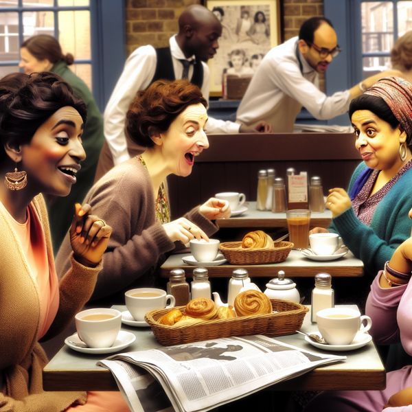 Drie vrouwen zitten aan een ronde tafel in een druk café, lachend en pratend met thee en gebakjes.