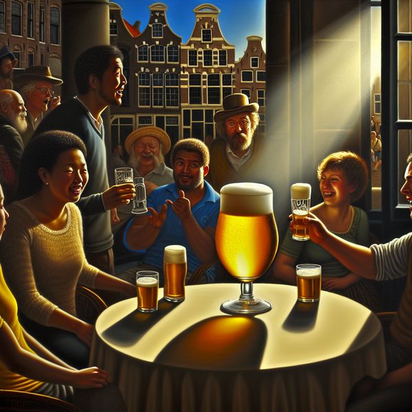 Cozy Café Terrace with Beer in the Netherlands Een groep vrienden die samen een glas bier heffen op een terras in Nederland op een zonnige middag, met traditionele Nederlandse architectuur op de achtergrond.