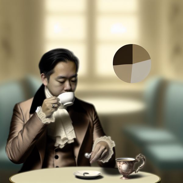 Elegante café setting met keuze tussen koffie en thee Een elegant geklede persoon zit aan een tafeltje in een café met een kop koffie en een delicate theekop, die de keuze tussen koffie en thee symboliseert.