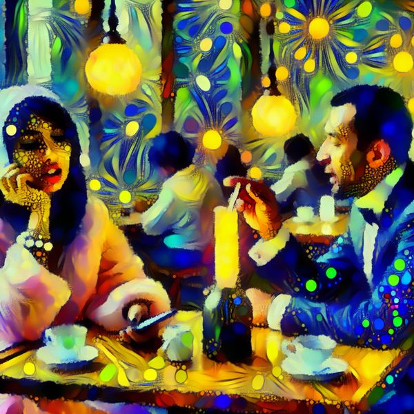Vrolijke vrienden in café: abstrahering van onsamenhangend praten Abstracte afbeelding van twee vrienden die ontspannen in een café zitten, met levendige kleuren en dynamische vormen.