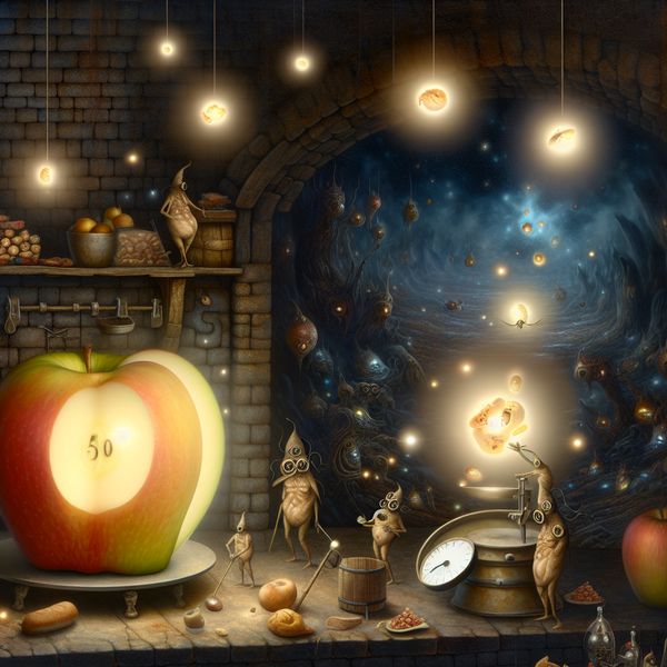 Surrealistisch tafereel van een magische keuken waar voedsel transformeert in gloeiende energie-orbs, met een stralende appel met het getal 50 in de kern als symbool voor calorieën