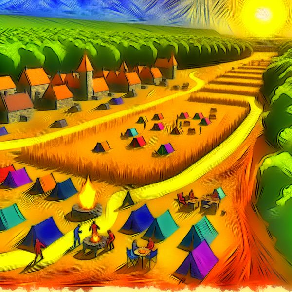 Gezellig Campinglandschap ten Zuiden van het Dorp Een kleurrijk landschap met een camping ten zuiden van een dorp, met een pad dat naar de camping leidt.