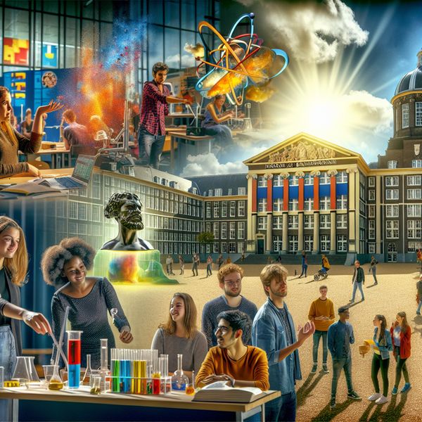 Studentengroep die in een drukke universiteitscampus verschillende wetenschappelijke activiteiten uitvoert