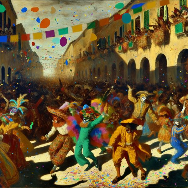 Carnaval Viering met Kleurrijke Kostuums en Vrolijke Mensen Een levendig carnavalscenario met mensen in kleurrijke kostuums en maskers die dansen en lachen op straat.