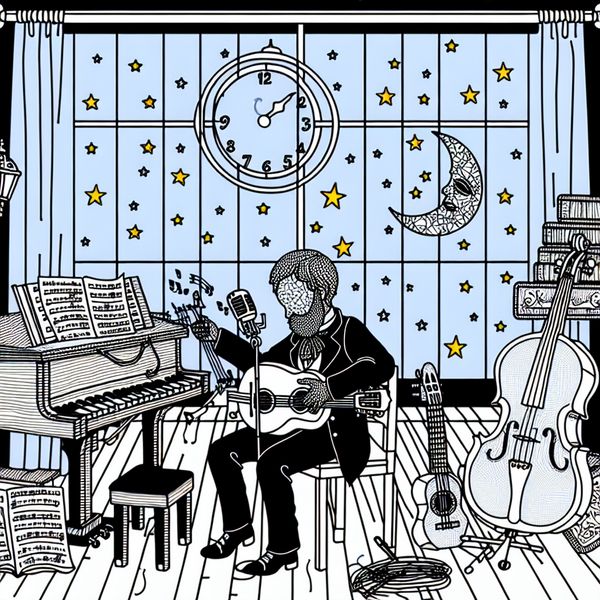Toegewijde muzikant speelt de hele nacht in Marten Toonder stijl Cartoonachtige afbeelding van een muzikant die 's nachts door blijft spelen, omringd door muziekinstrumenten en bladmuziek.